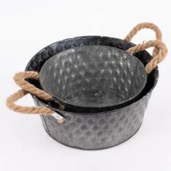 Übertopf mit Musterprägung und Henkeln Zink silberfarbig natur 20x10cm