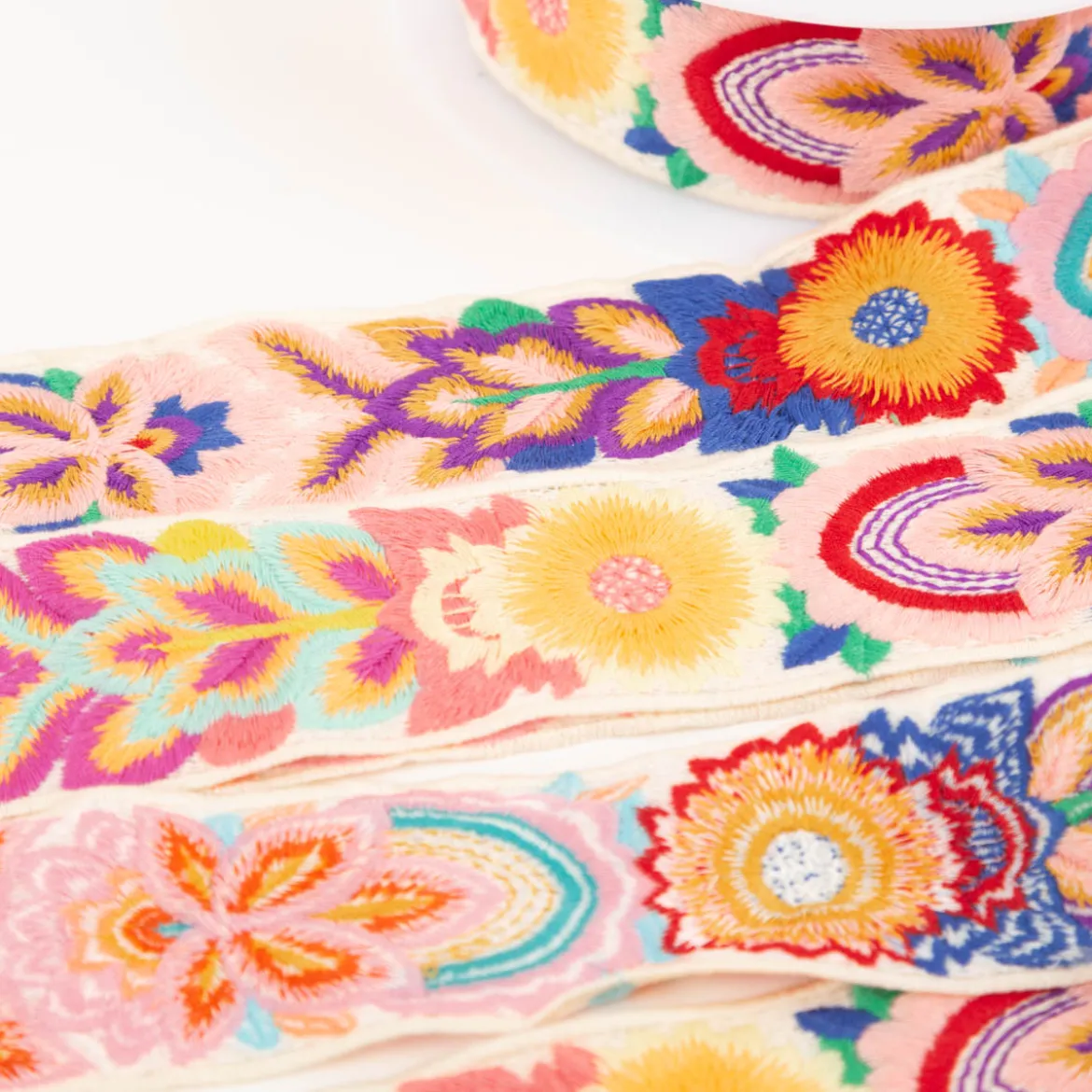 Bestickte Blumenborte Boho ecru bunt 5cm Breite