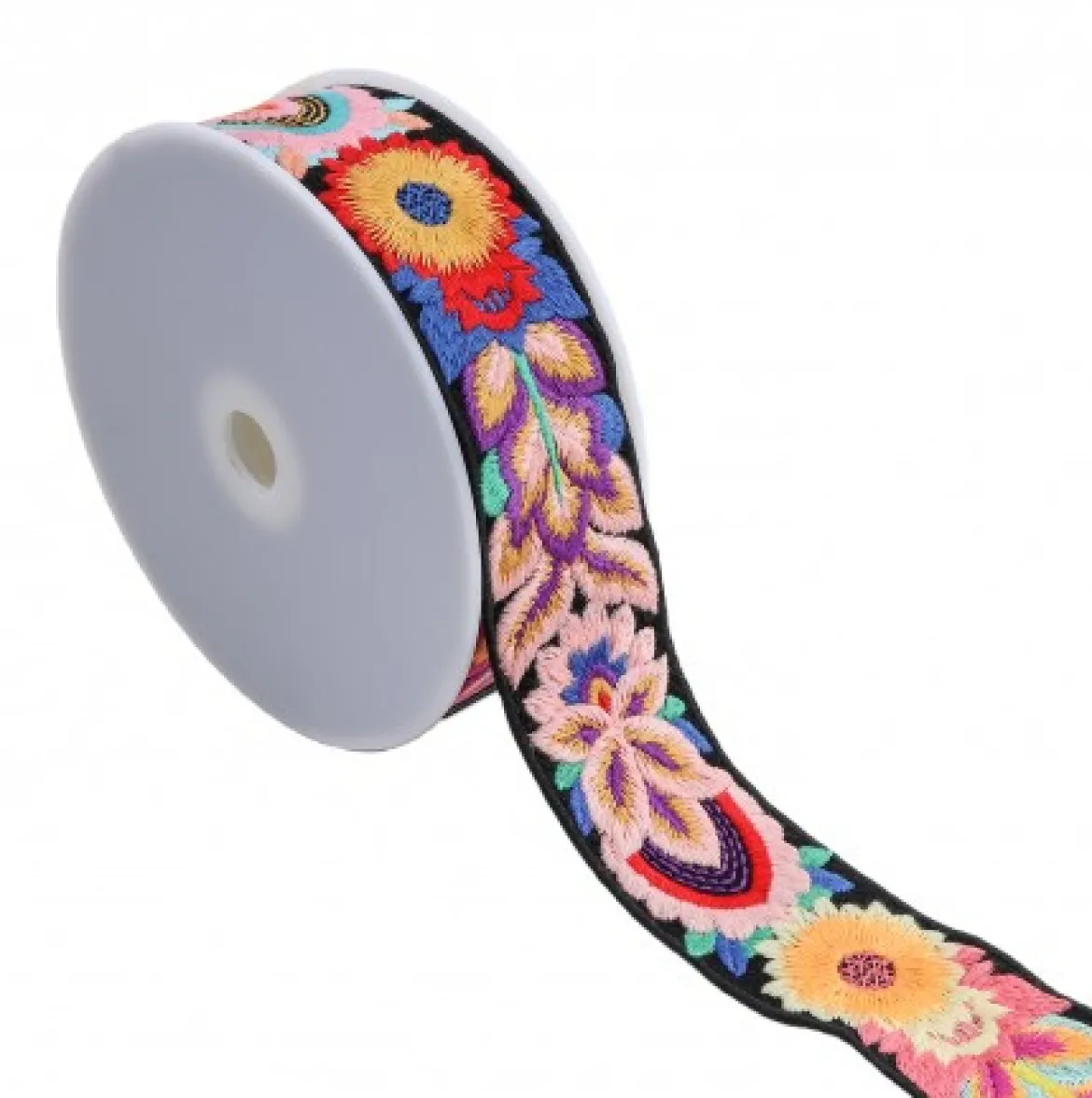 Bestickte Blumenborte Boho schwarz bunt 5cm Breite