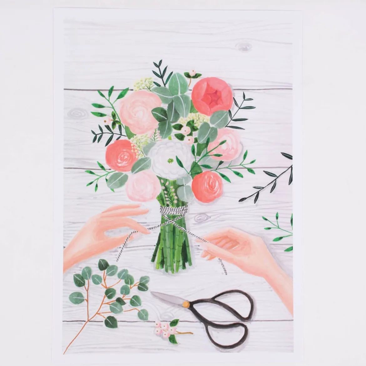 Bild Blumenstrauß Schere Papier hellgrau grün rosa A4 30x21cm