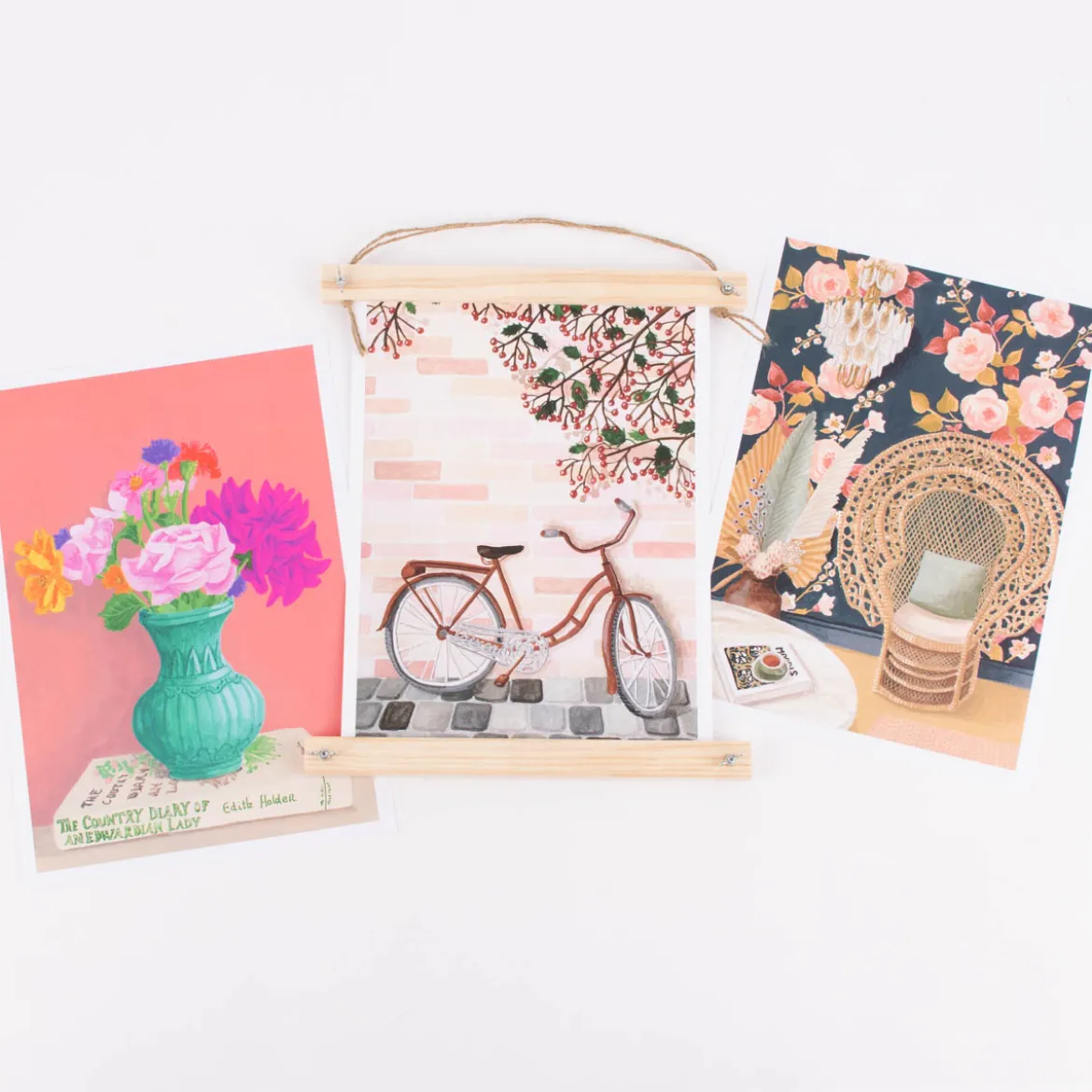 Bild Fahrrad Zweige Beeren Papier rosa braun grau A4 30x21cm