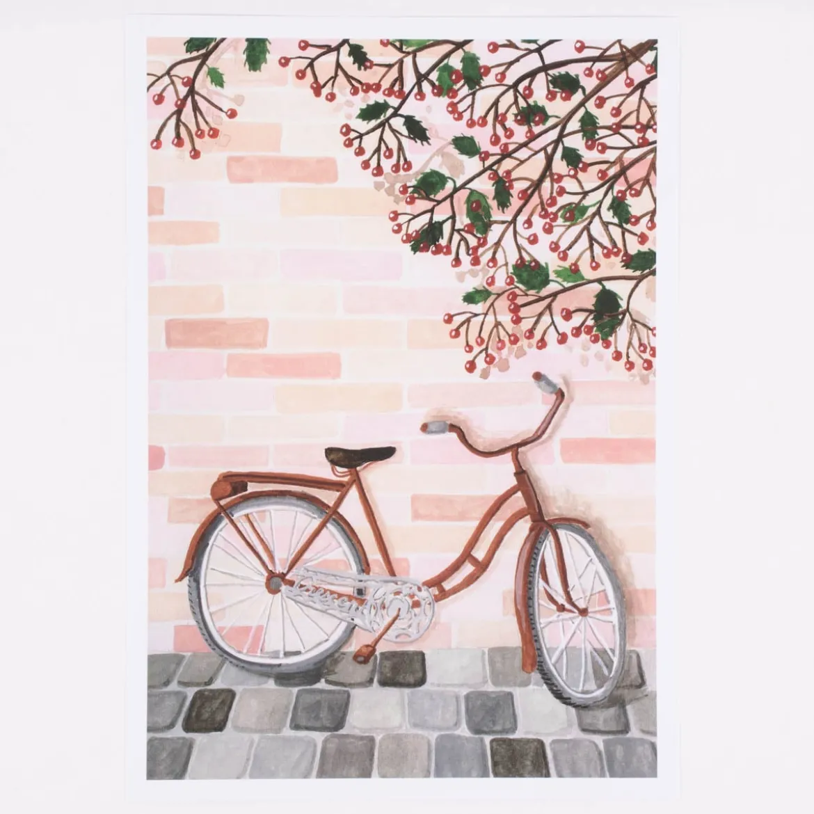 Bild Fahrrad Zweige Beeren Papier rosa braun grau A4 30x21cm