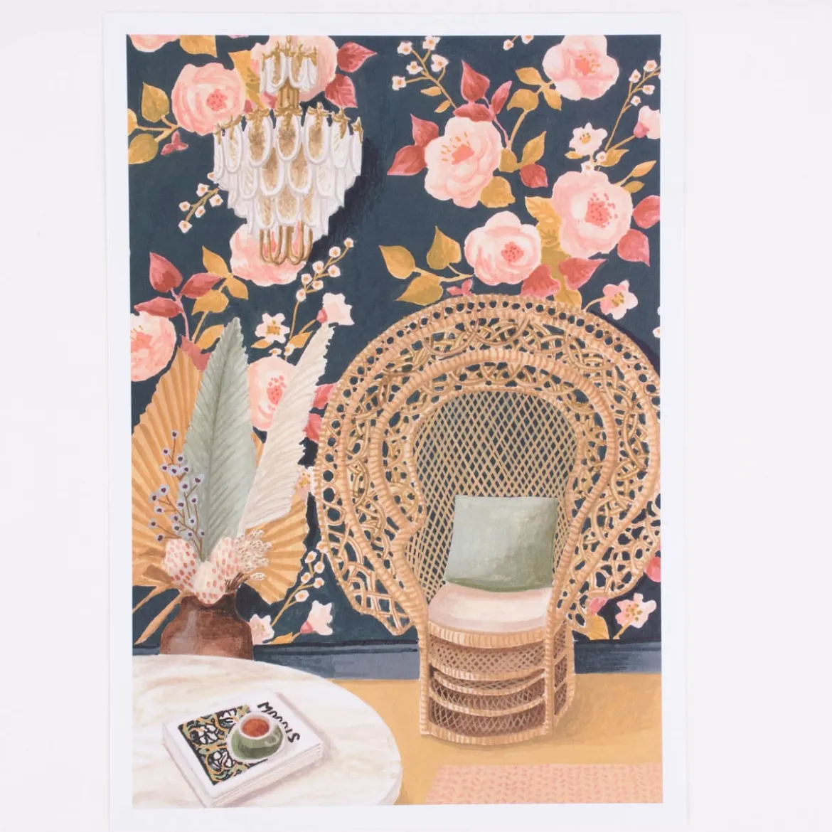 Bild Sessel Blumen Federn Papier dunkelblau gelb rosa A4 30x21cm