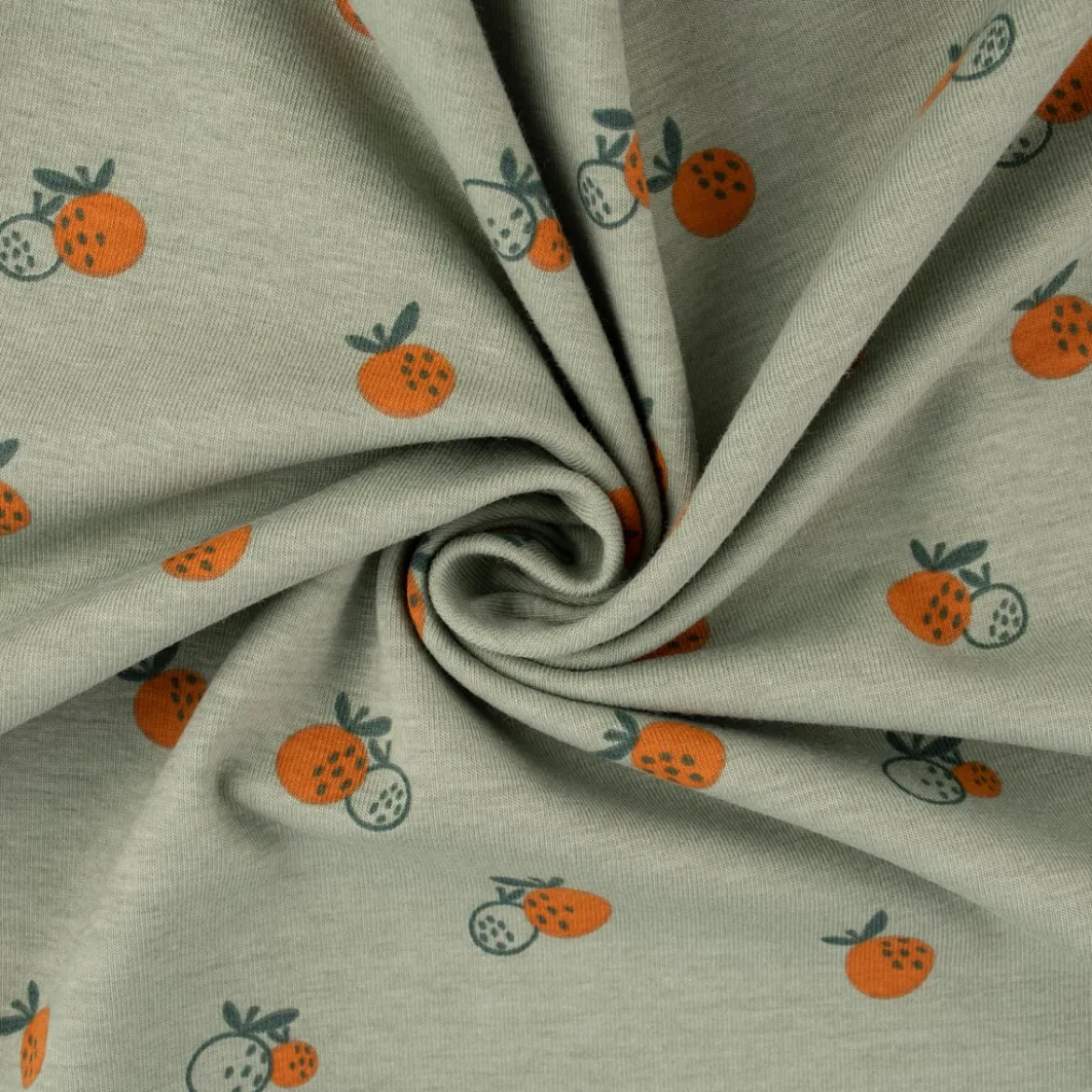 Bio Baumwolljersey Jerseystoff Organic Fruit Orangen dark mint grün 1,50m Breite