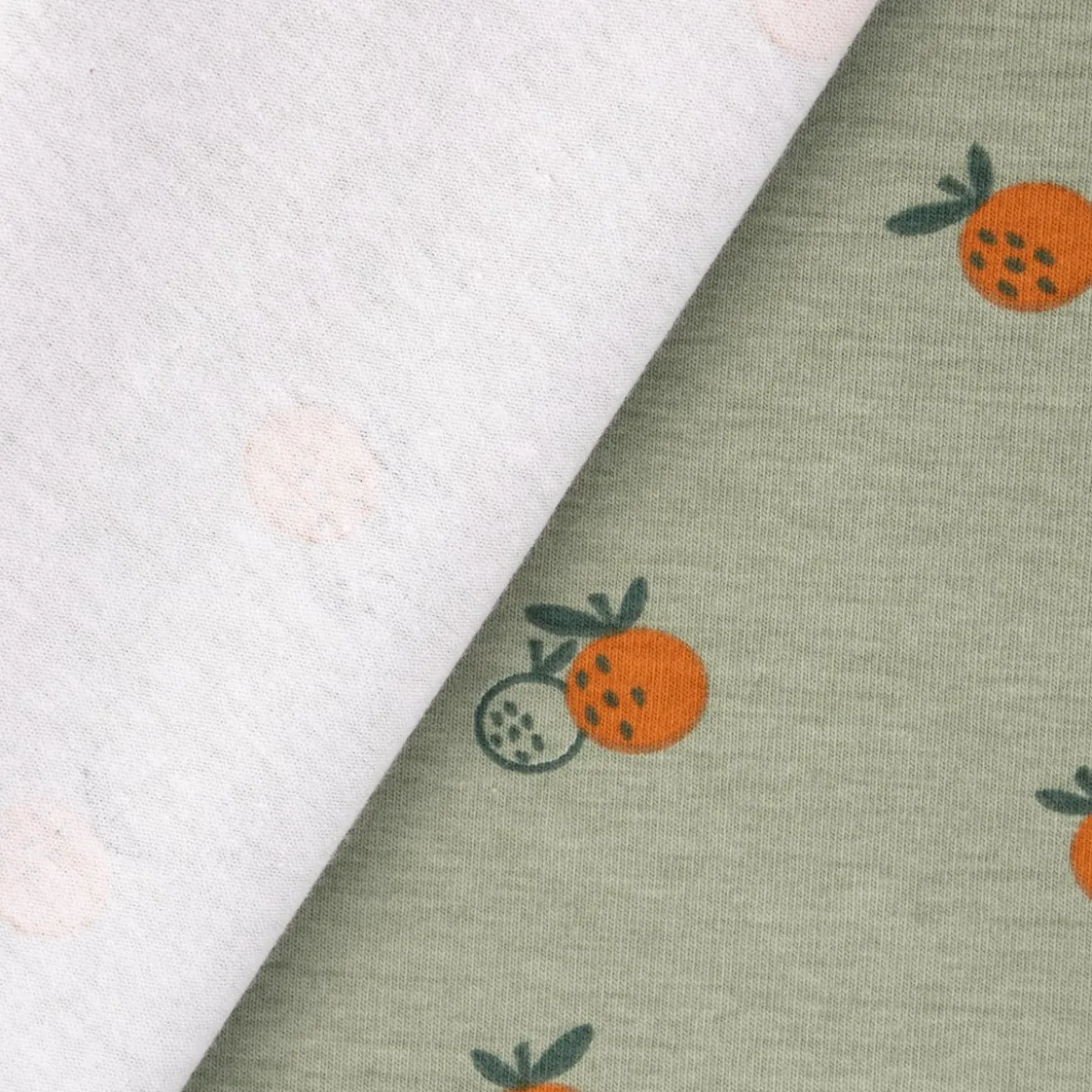 Bio Baumwolljersey Jerseystoff Organic Fruit Orangen dark mint grün 1,50m Breite