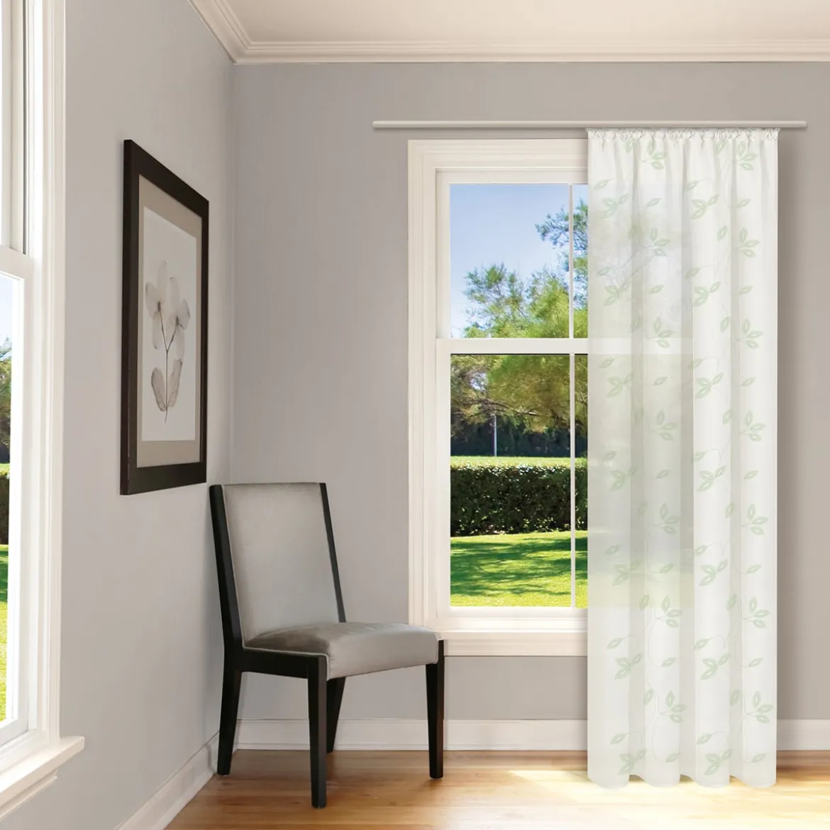 Bio Gardine transparenter Vorhangschal aus Bio Baumwolle mit Blätterstickerei und natürlicher Leinenstruktur weiß grün 140x245cm