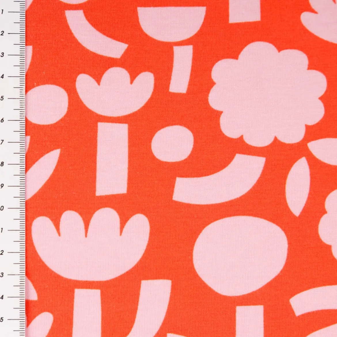 Bio Jersey Stoff Baumwolljersey Blumen Jennifer Bouron orange rosa 1,48 m Breite