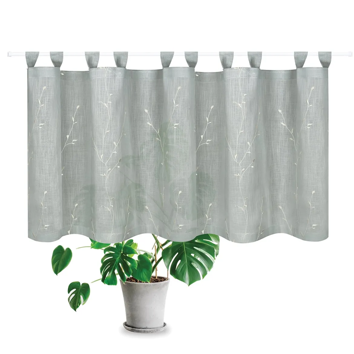 Bio Schlaufenbistro Scheibengardine aus Bio Baumwolle Blätterstickerei Leinenstruktur halbtransparent hellgrau 150x50cm