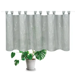 Bio Schlaufenbistro Scheibengardine aus Bio Baumwolle Blätterstickerei Leinenstruktur halbtransparent hellgrau 150x50cm