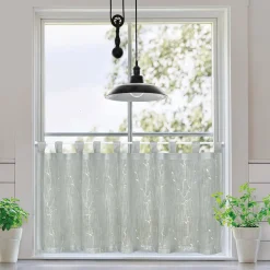 Bio Schlaufenbistro Scheibengardine aus Bio Baumwolle Blätterstickerei Leinenstruktur halbtransparent hellgrau 150x50cm