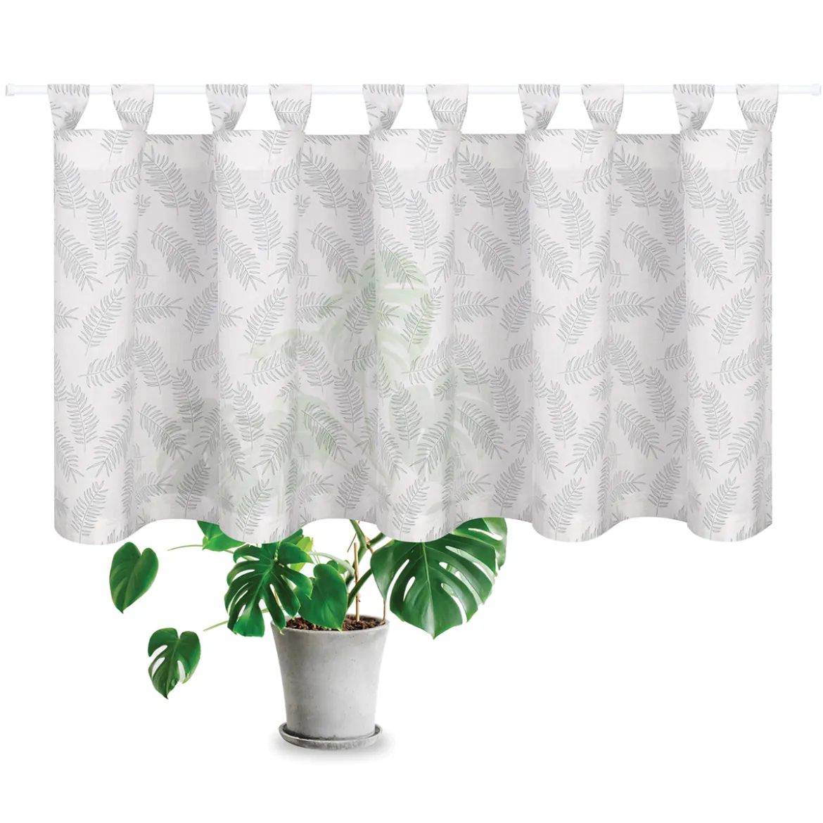 Bio Schlaufenbistro Scheibengardine aus Bio Baumwolle mit Blätterprint wollweiß grün 150x50cm