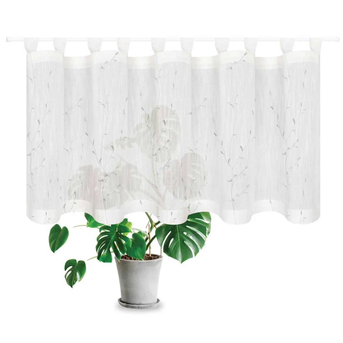 Bio Schlaufenbistro Scheibengardine aus Bio Baumwolle Blätterstickerei Leinenstruktur transparent wollweiß grau 150x50cm