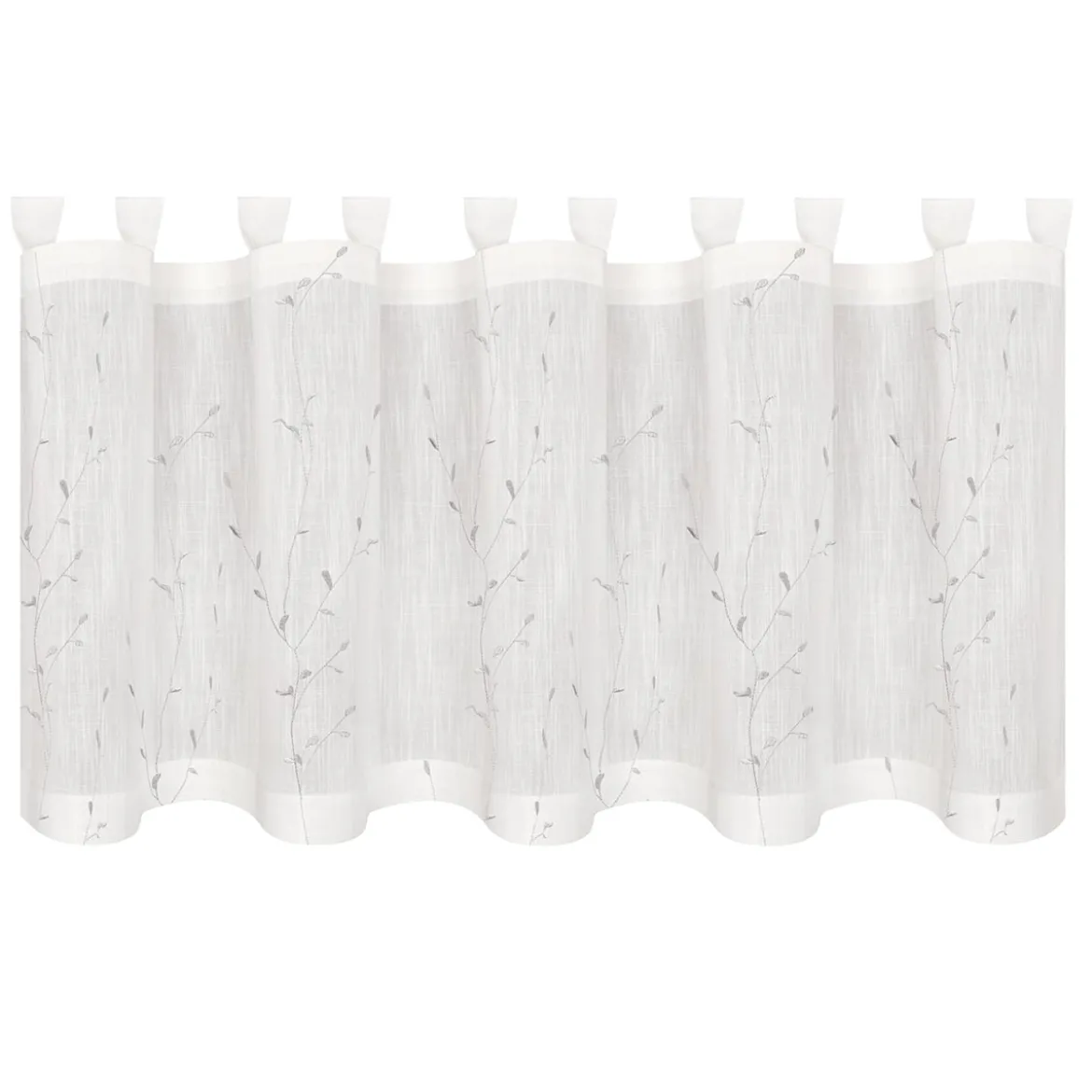 Bio Schlaufenbistro Scheibengardine aus Bio Baumwolle Blätterstickerei Leinenstruktur transparent wollweiß grau 150x50cm