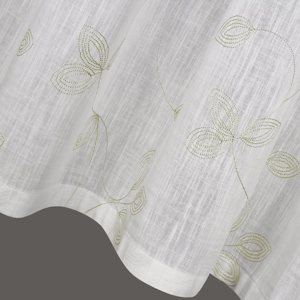 Bio Schlaufenbistro Scheibengardine aus Bio Baumwolle Blätterstickerei Leinenstruktur transparent wollweiß grün 150x50cm