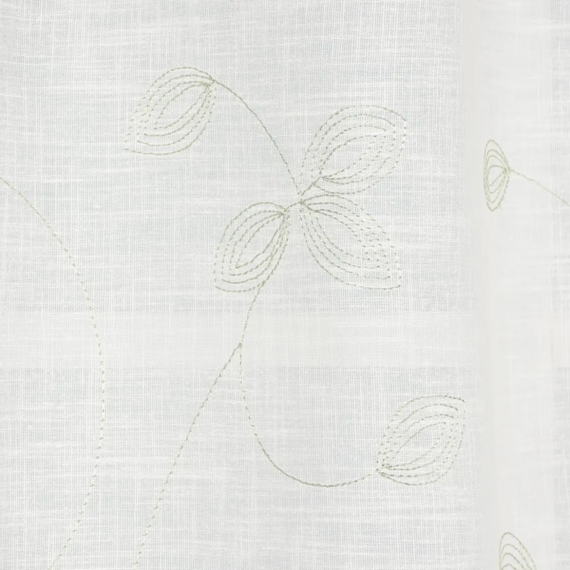 Bio Schlaufenbistro Scheibengardine aus Bio Baumwolle Blätterstickerei Leinenstruktur transparent wollweiß grün 150x50cm