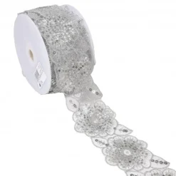 Borte bestickt Blumen Perlen Pailletten weiß silber 7,5cm Breite