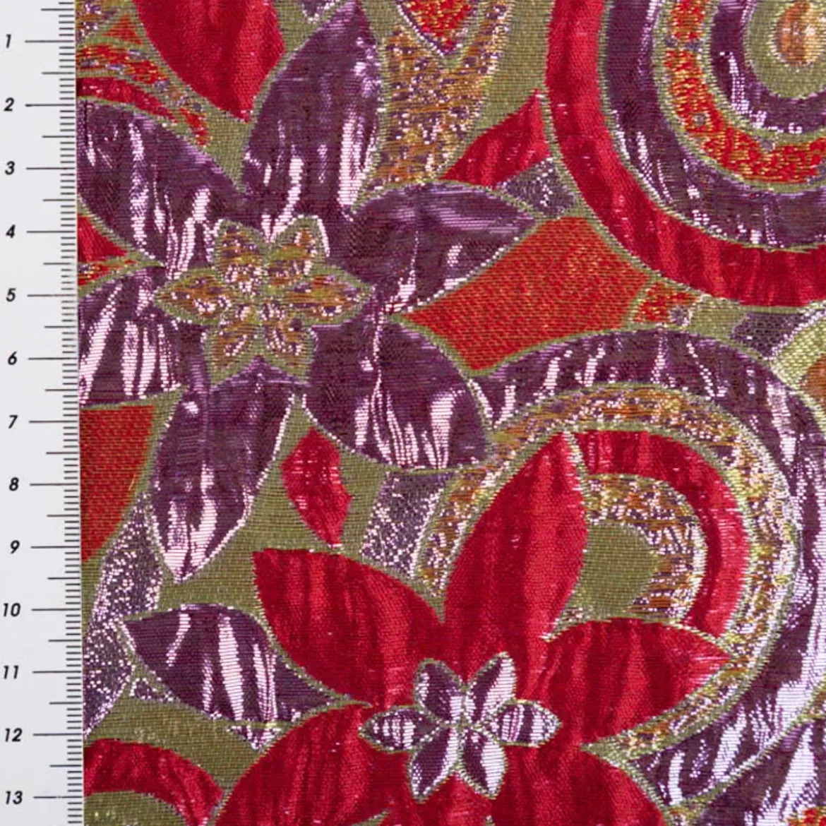 Brokatstoff mit Lurex Blumen und Kreise rot gold lila 145cm Breite