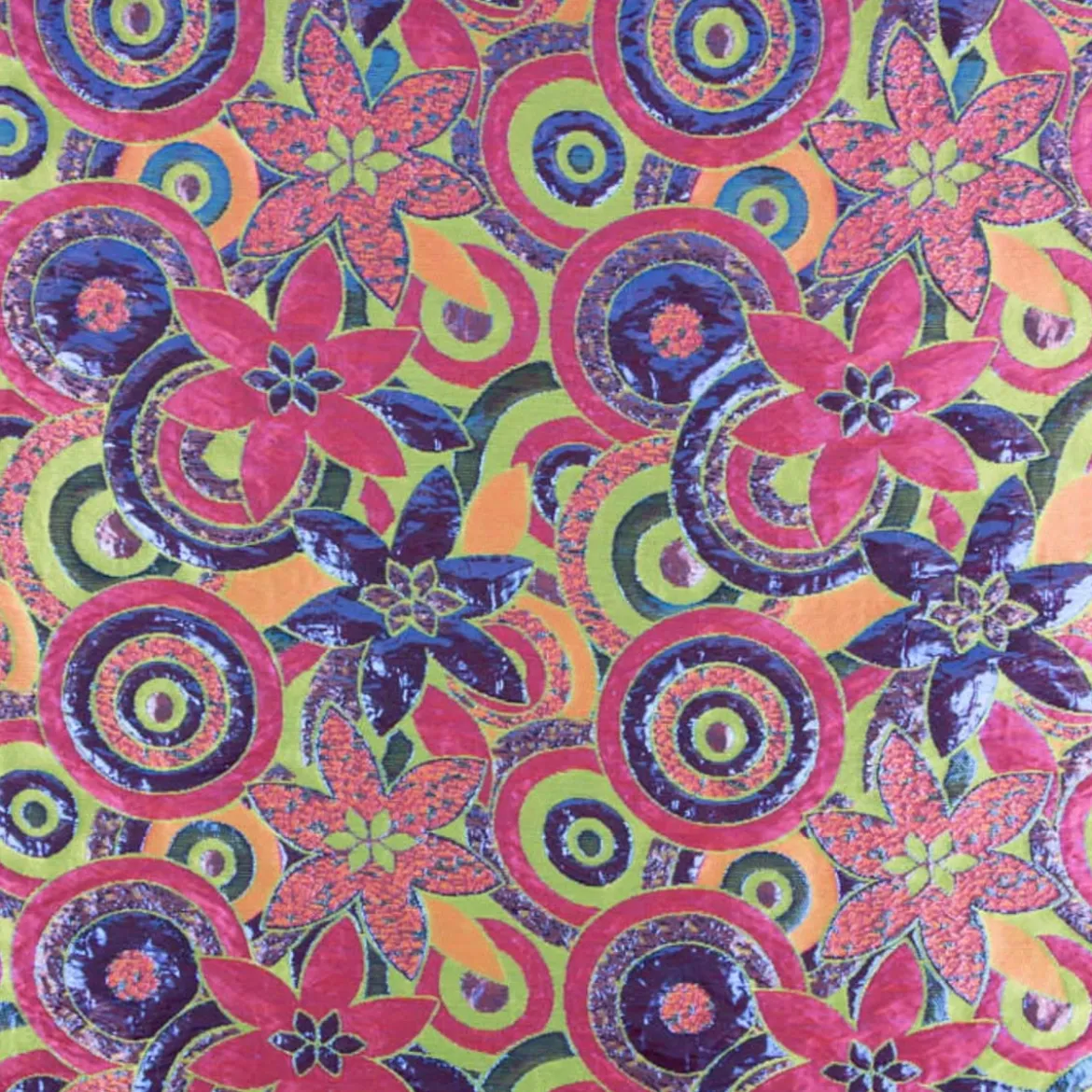 Brokatstoff mit Lurex Blumen und Kreise grün pink 145cm Breite