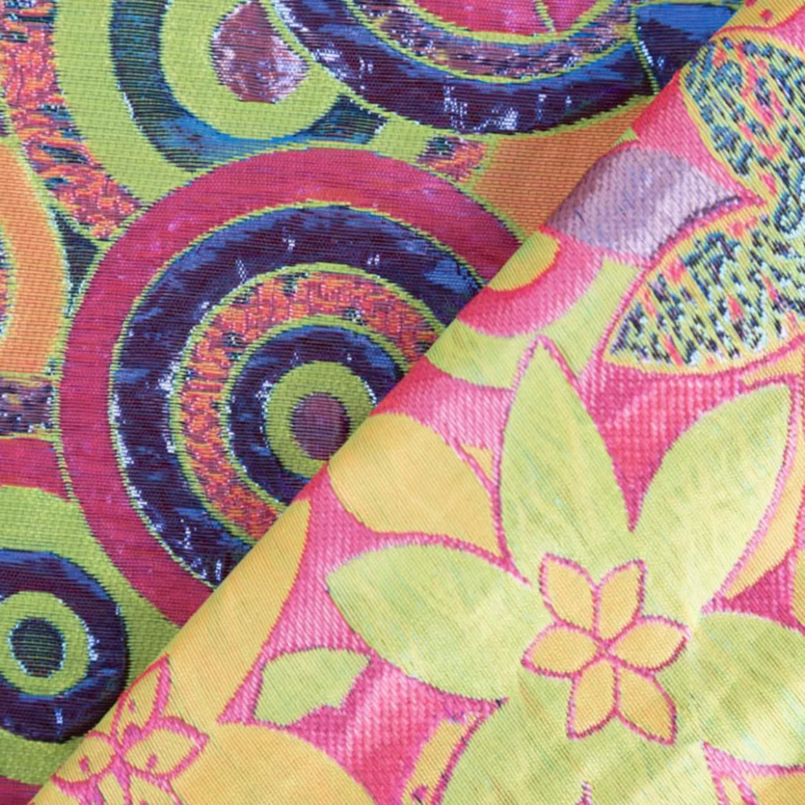 Brokatstoff mit Lurex Blumen und Kreise grün pink 145cm Breite