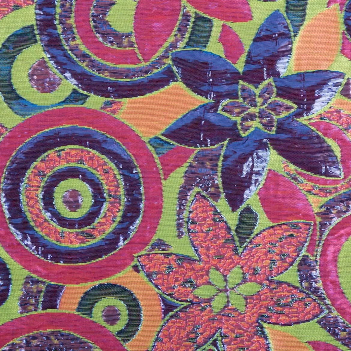Brokatstoff mit Lurex Blumen und Kreise grün pink 145cm Breite