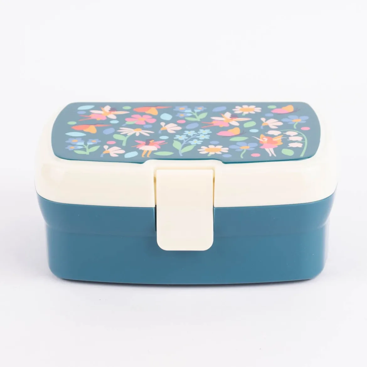 Brotzeit-Dose mit herausnehmbarem Fach Fee Schmetterling Blumen dunkelblau creme 17,5x13x7cm