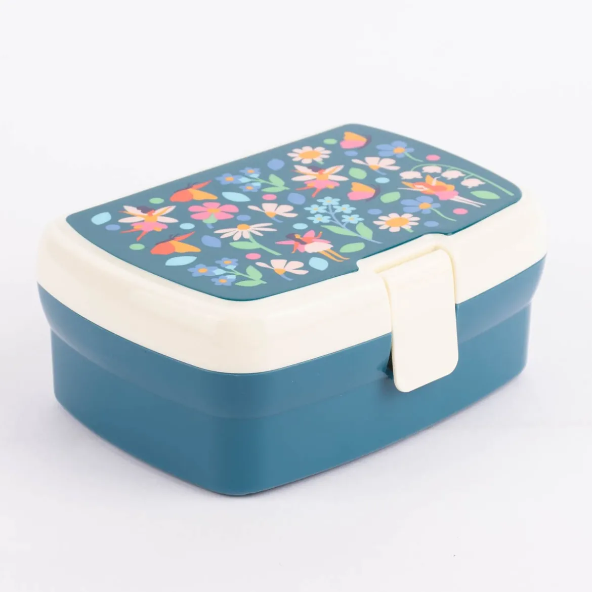 Brotzeit-Dose mit herausnehmbarem Fach Fee Schmetterling Blumen dunkelblau creme 17,5x13x7cm