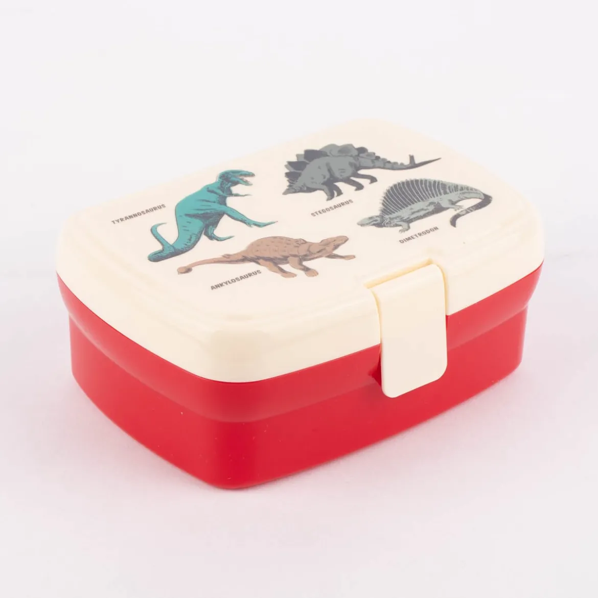 Brotzeit-Dose mit herausnehmbarem Fach Dinosaurier rot creme 17,5x13x7cm