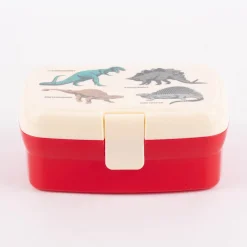Brotzeit-Dose mit herausnehmbarem Fach Dinosaurier rot creme 17,5x13x7cm
