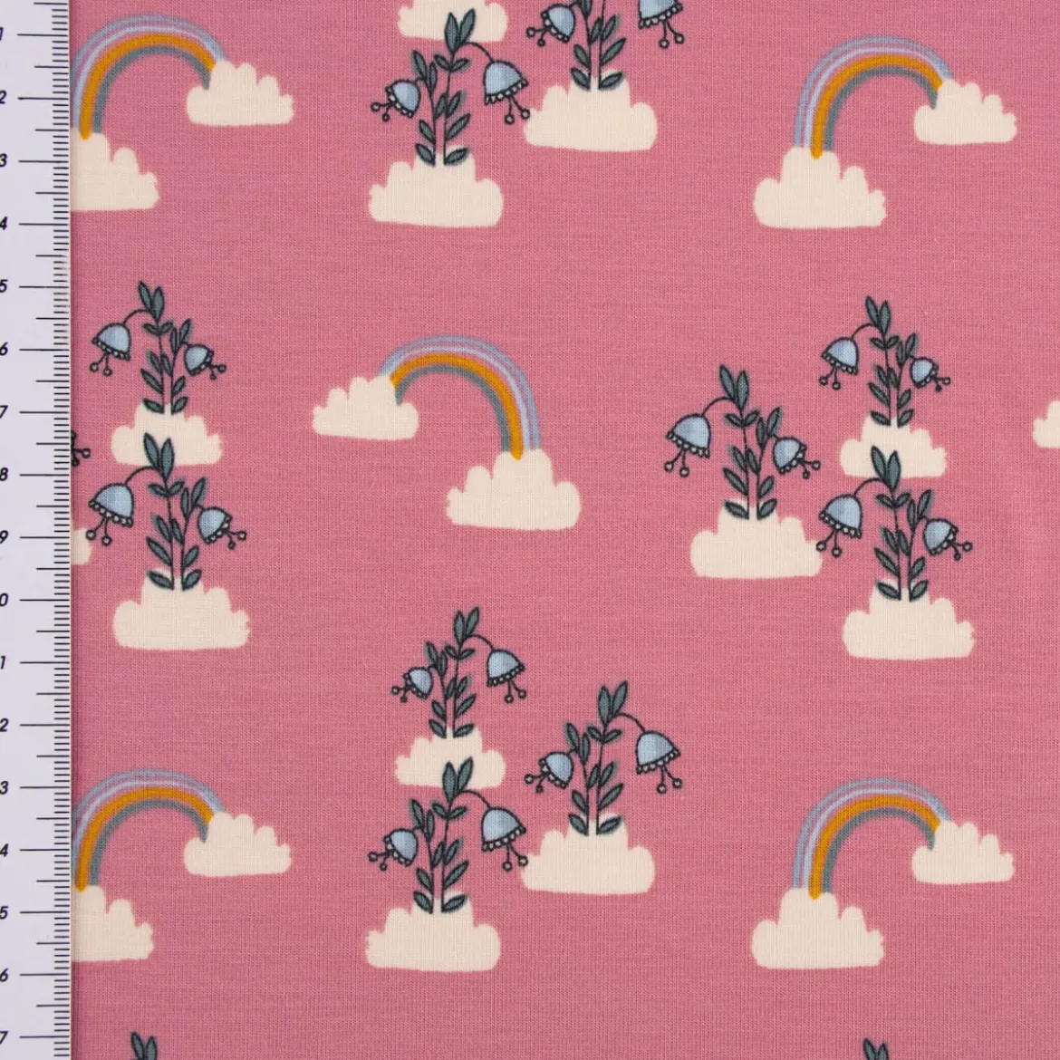 Burda Bio Organic Baumwolljersey Jerseystoff Blumen Wolken Regenbogen rosa 1,48m Breite