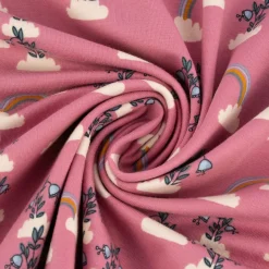 Burda Bio Organic Baumwolljersey Jerseystoff Blumen Wolken Regenbogen rosa 1,48m Breite
