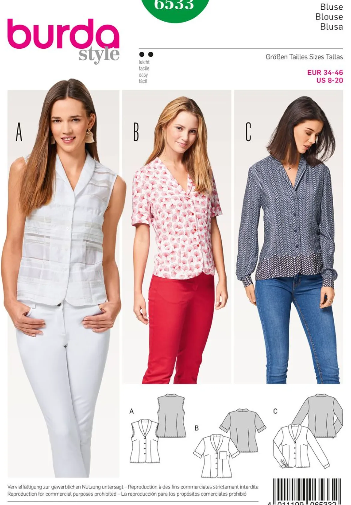 Burda Schnittmuster 6533 Damen Bluse Größe 34-46