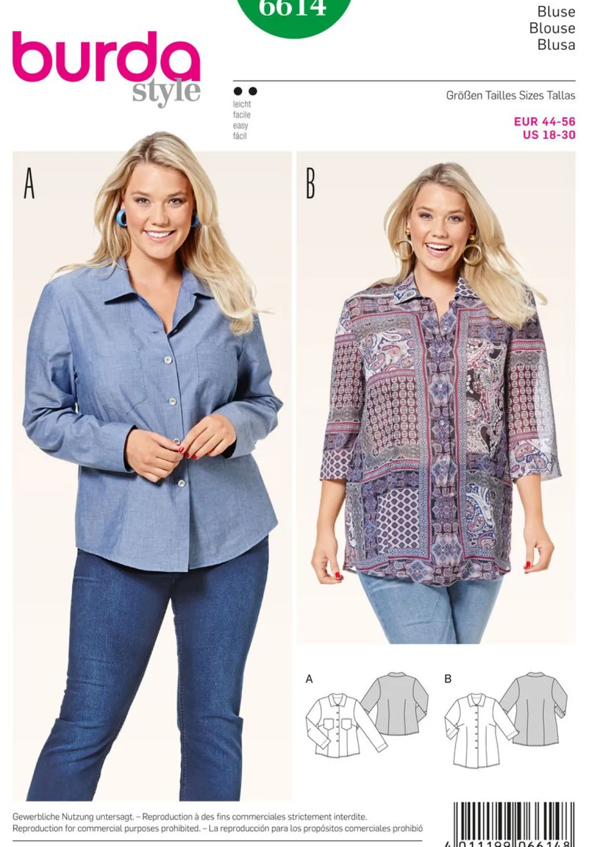 Burda Schnittmuster 6614 Damen Bluse Größe 44-56