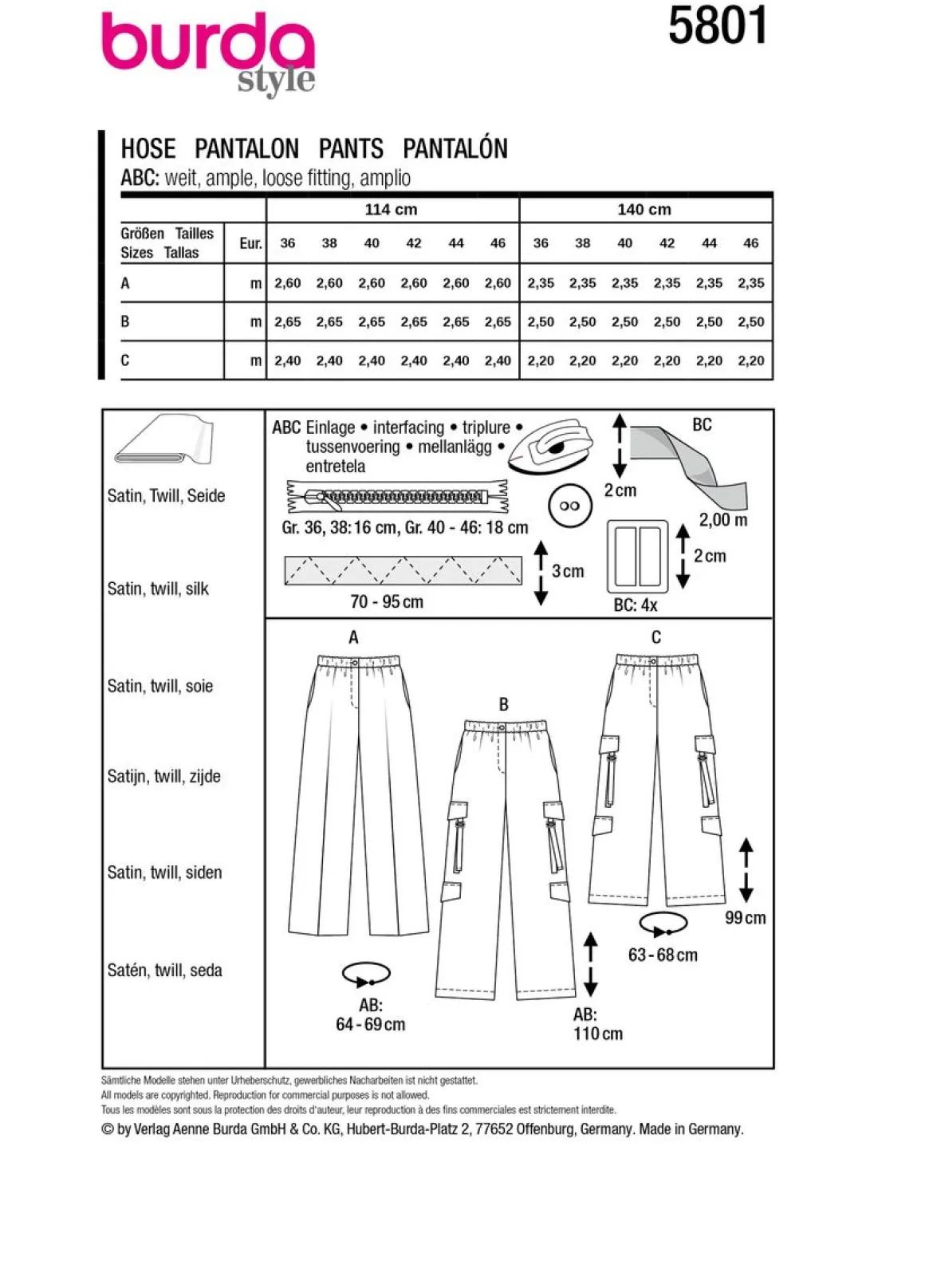 Burda Schnittmuster 5801 Damen Hose