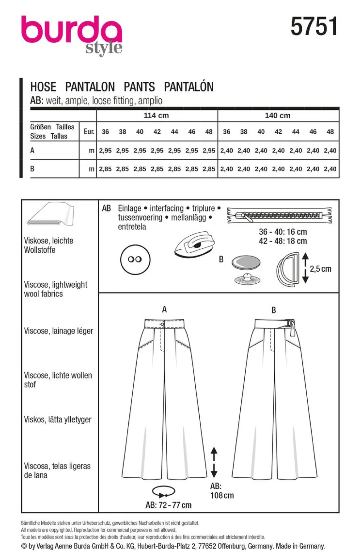Burda Schnittmuster 5751 Damen Hose
