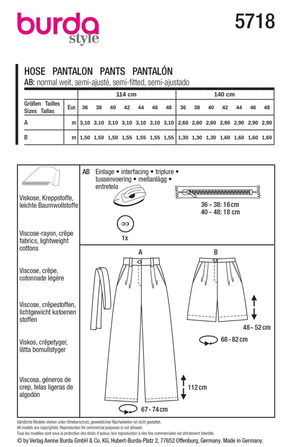 Burda Schnittmuster 5718 Damen Hose