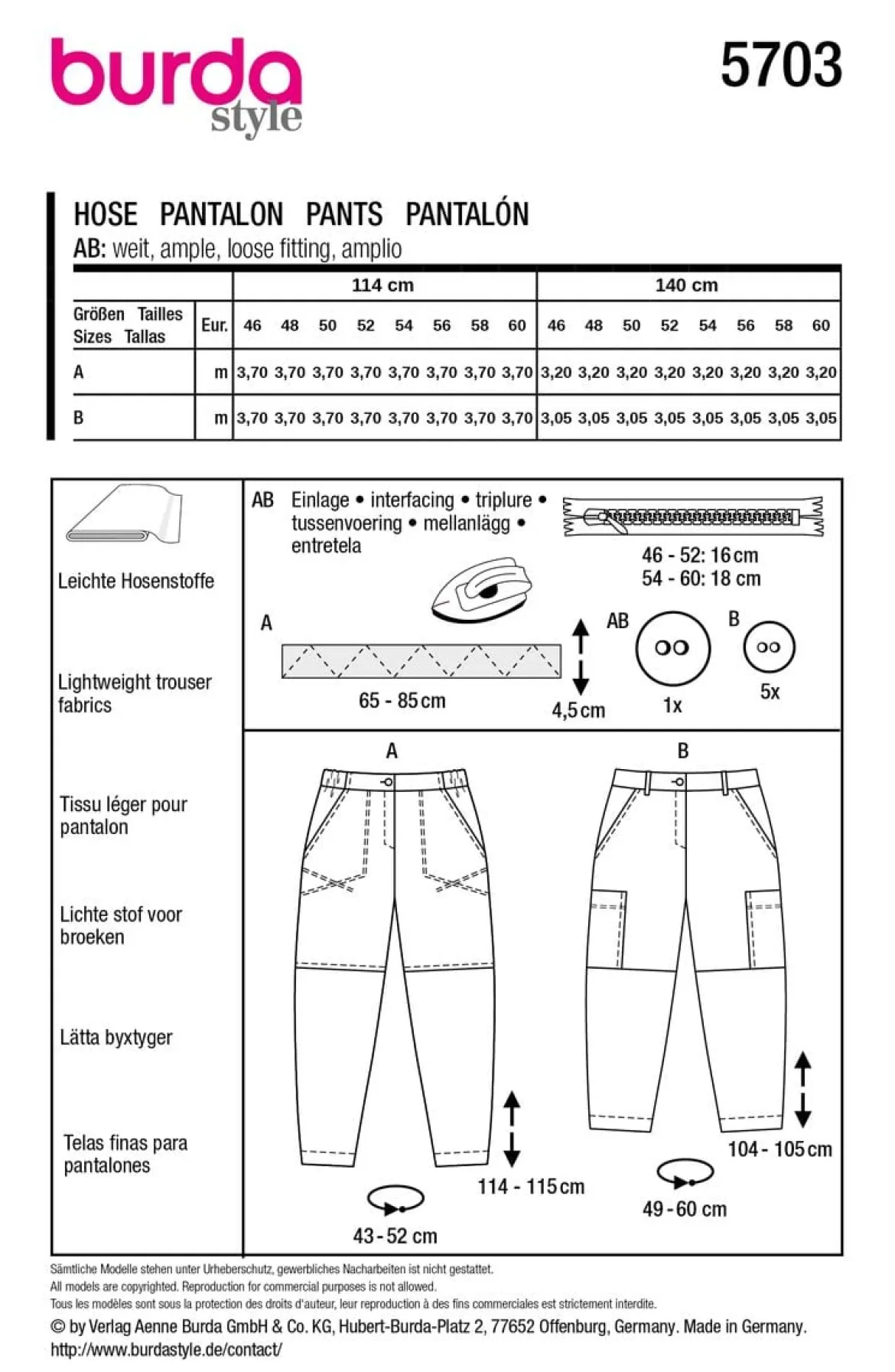 Burda Schnittmuster 5703 Damen Hose
