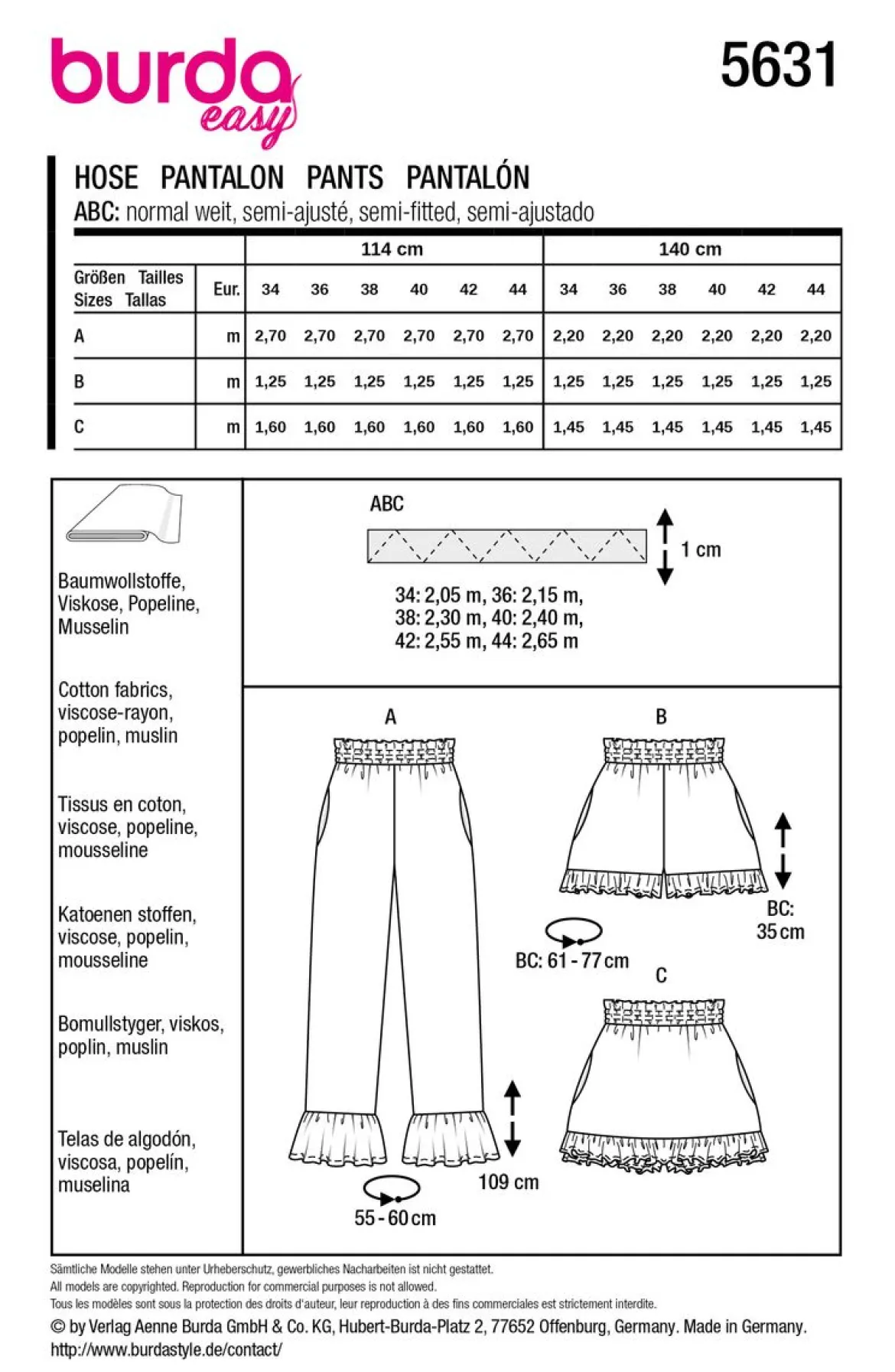 Burda Schnittmuster 5631 Damen Hose