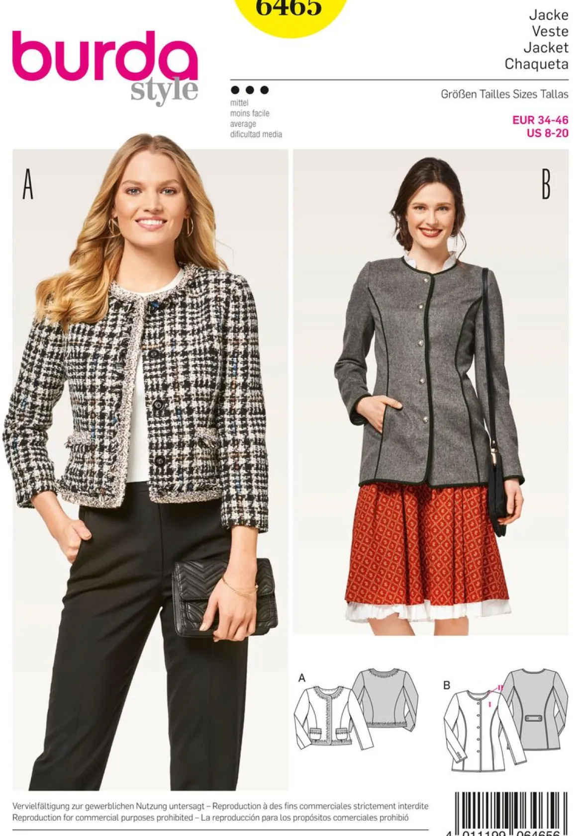 Burda Schnittmuster 6465 Damen Jacke Größe 34-46