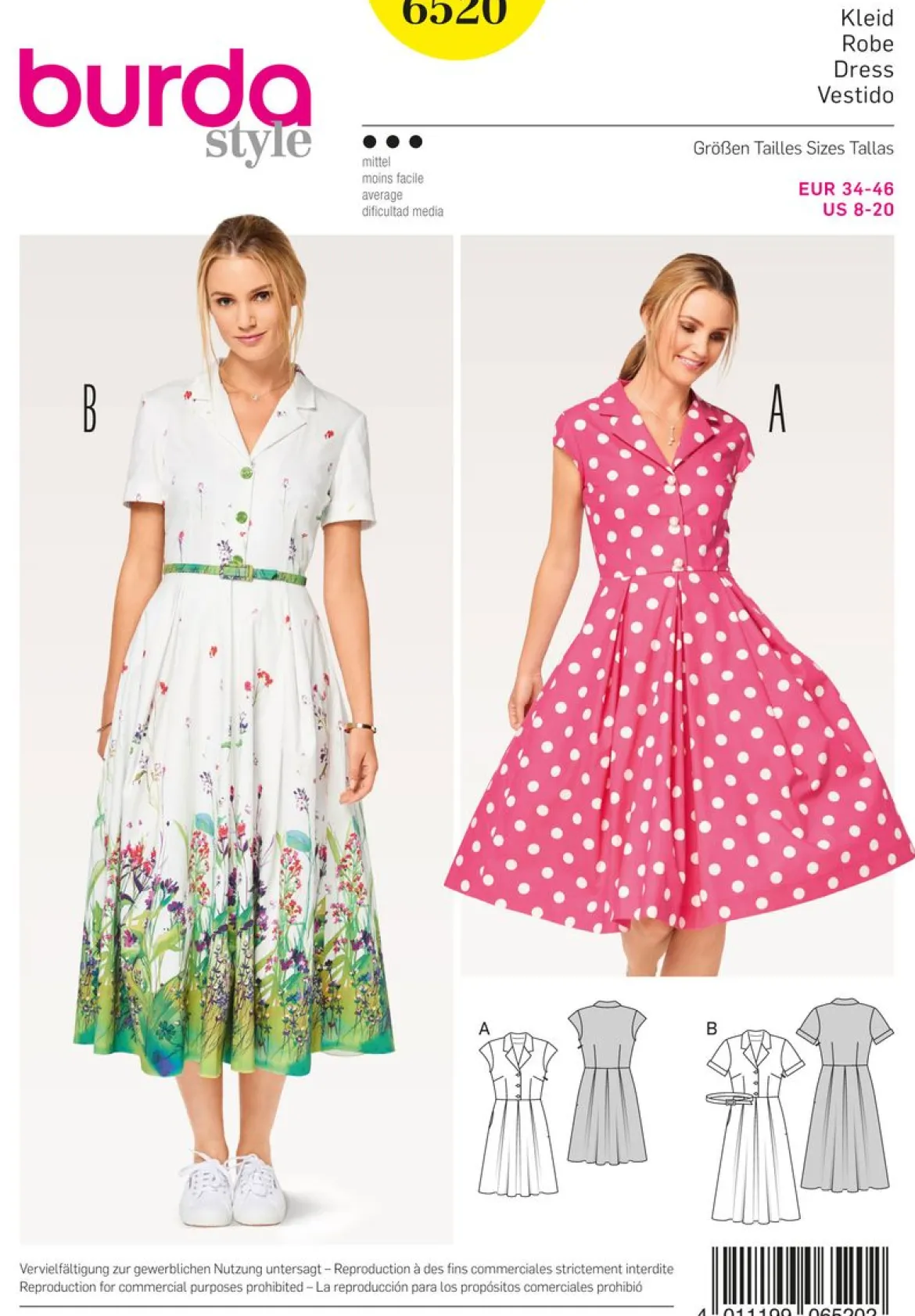 Burda Schnittmuster 6520 Damen Kleid Größe 34-46