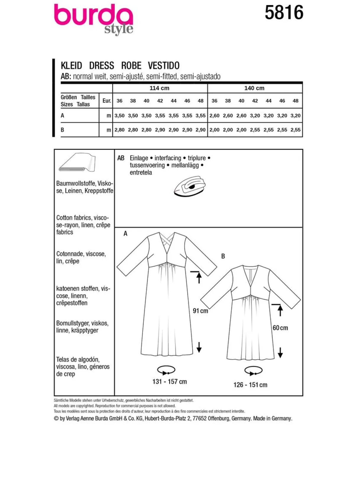 Burda Schnittmuster 5816 Damen Kleid