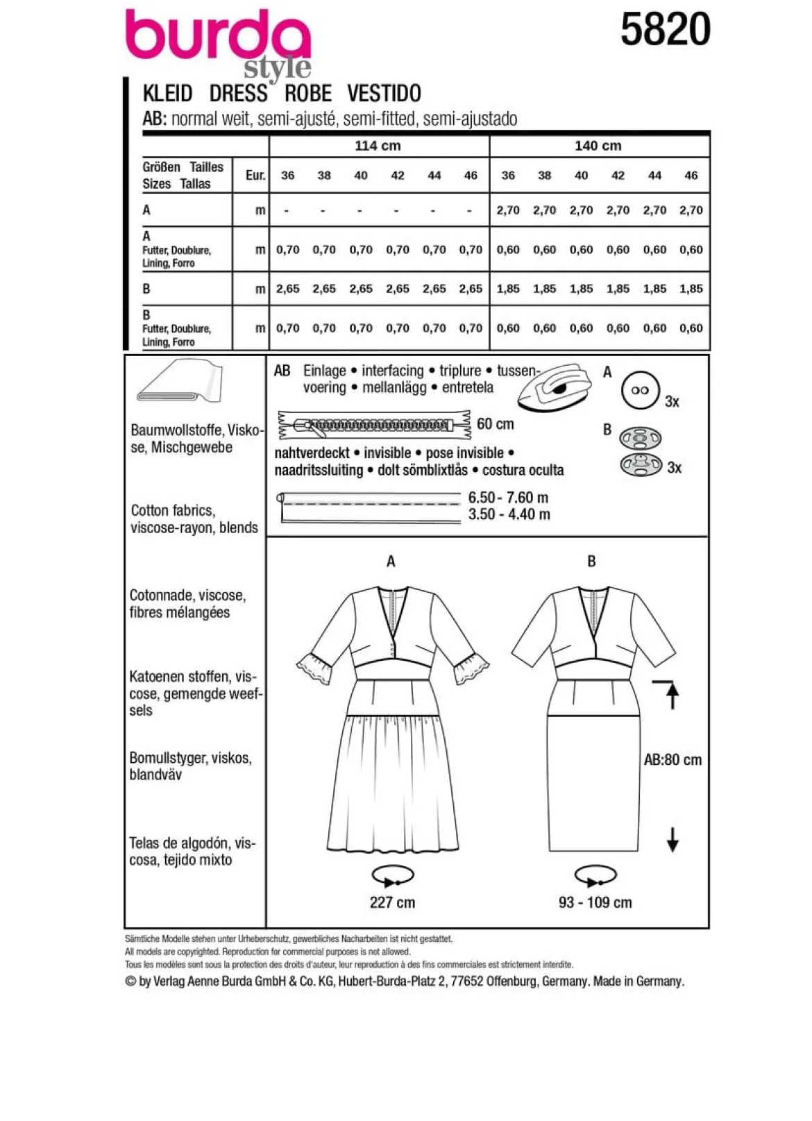 Burda Schnittmuster 5820 Damen Kleid