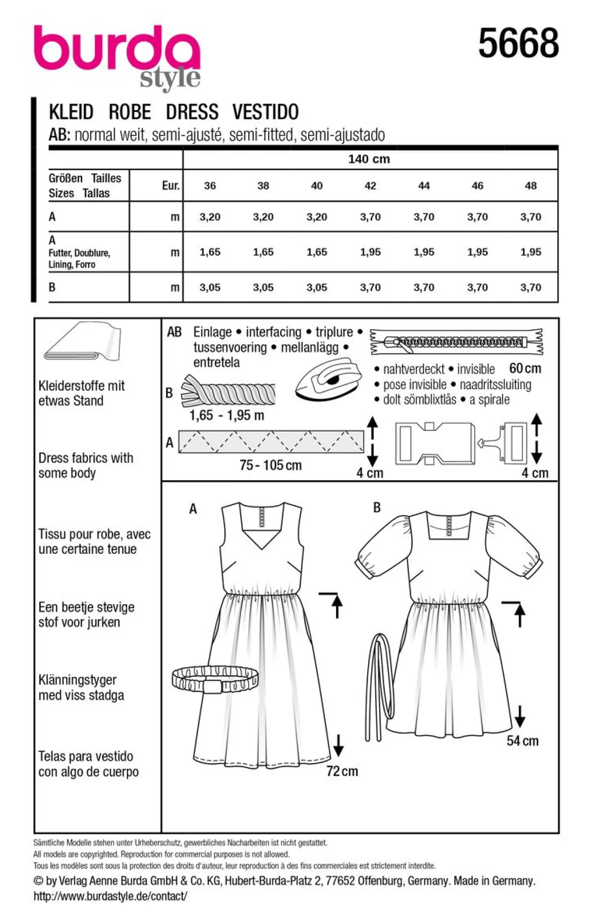 Burda Schnittmuster 5668 Damen Kleid