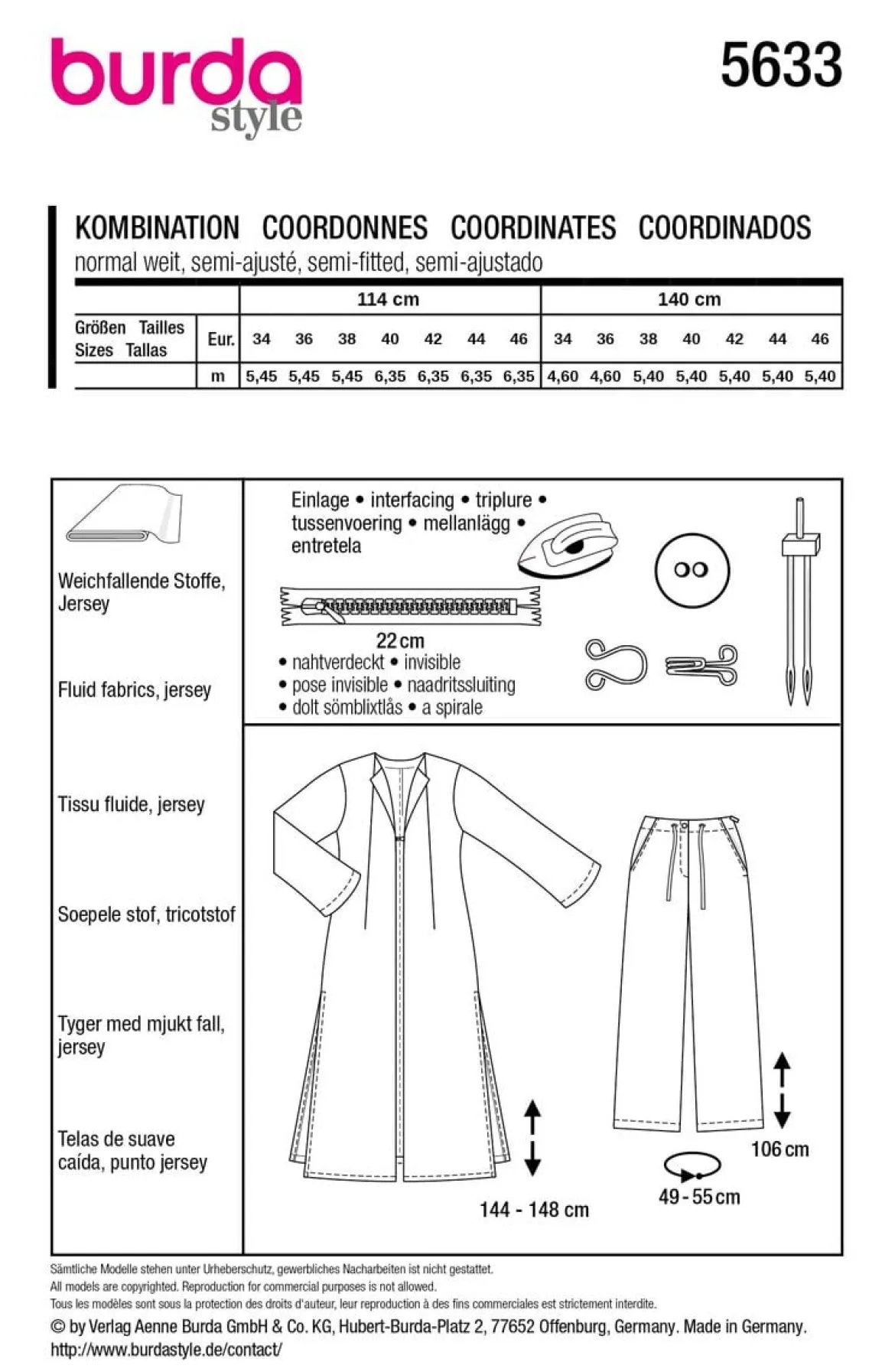 Burda Schnittmuster 5633 Damen Kombination Langmantel und Hose