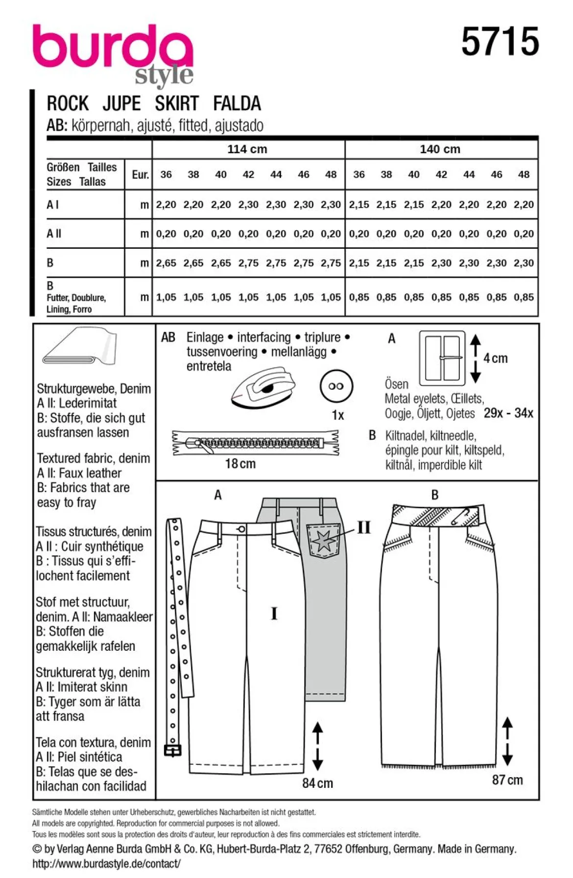 Burda Schnittmuster 5715 Damen Rock