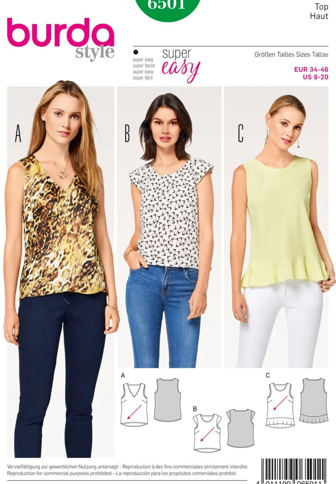 Burda Schnittmuster 6501 Damen Top Größe 34-46
