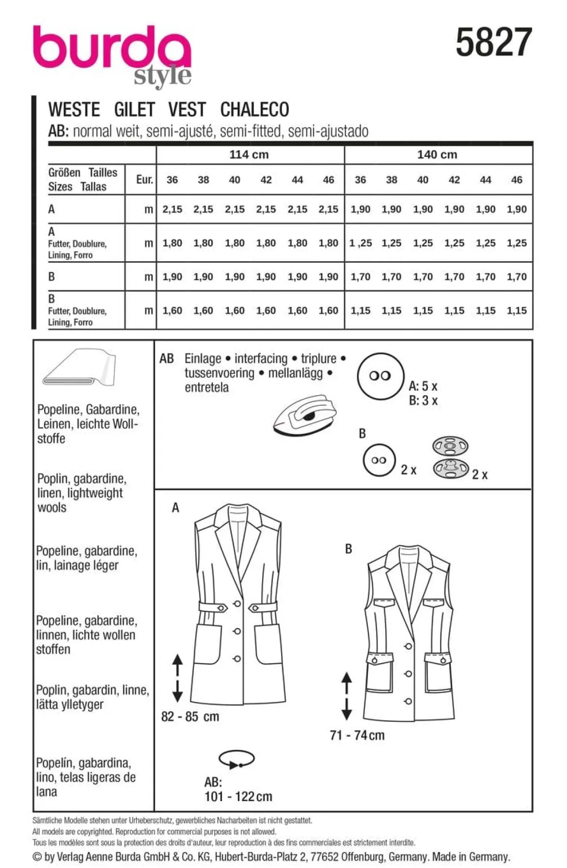 Burda Schnittmuster 5827 Damen Weste