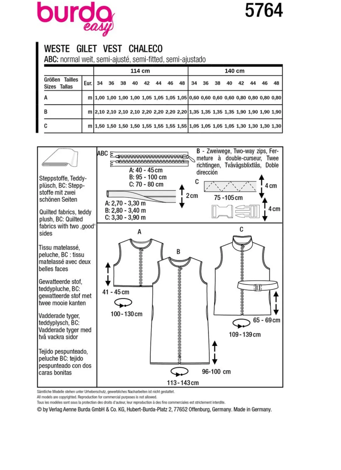 Burda Schnittmuster 5764 Damen Weste
