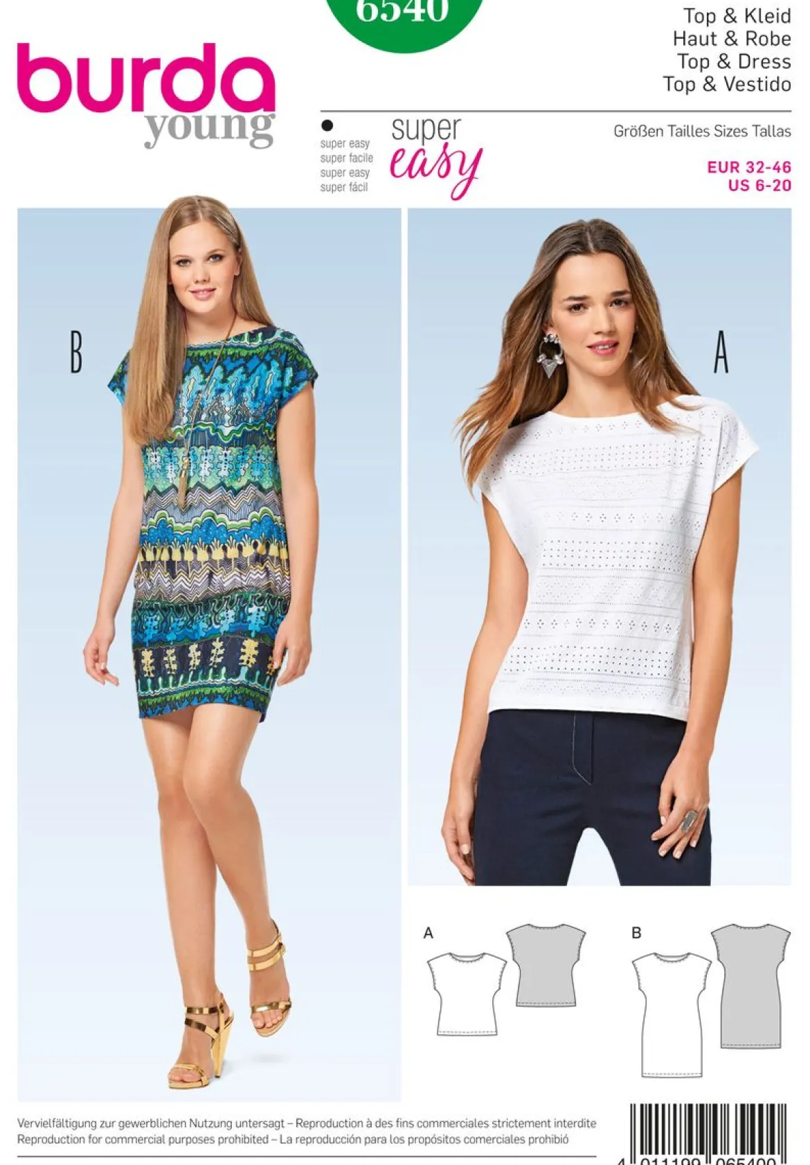 Burda Schnittmuster 6540 Damen young Top und Kleid Größe 32-46