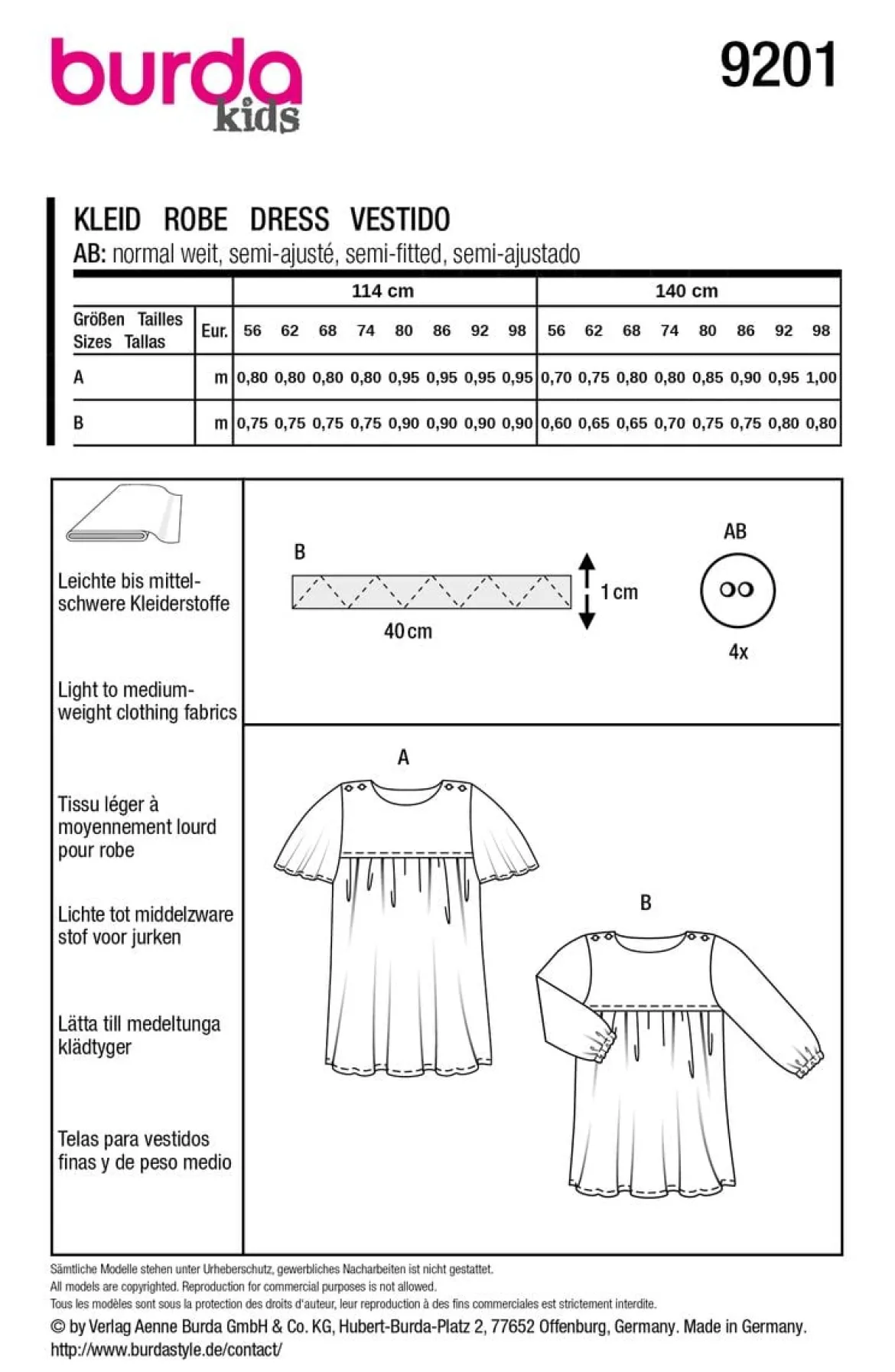 Burda Schnittmuster 9201 Kinder Baby Kleid
