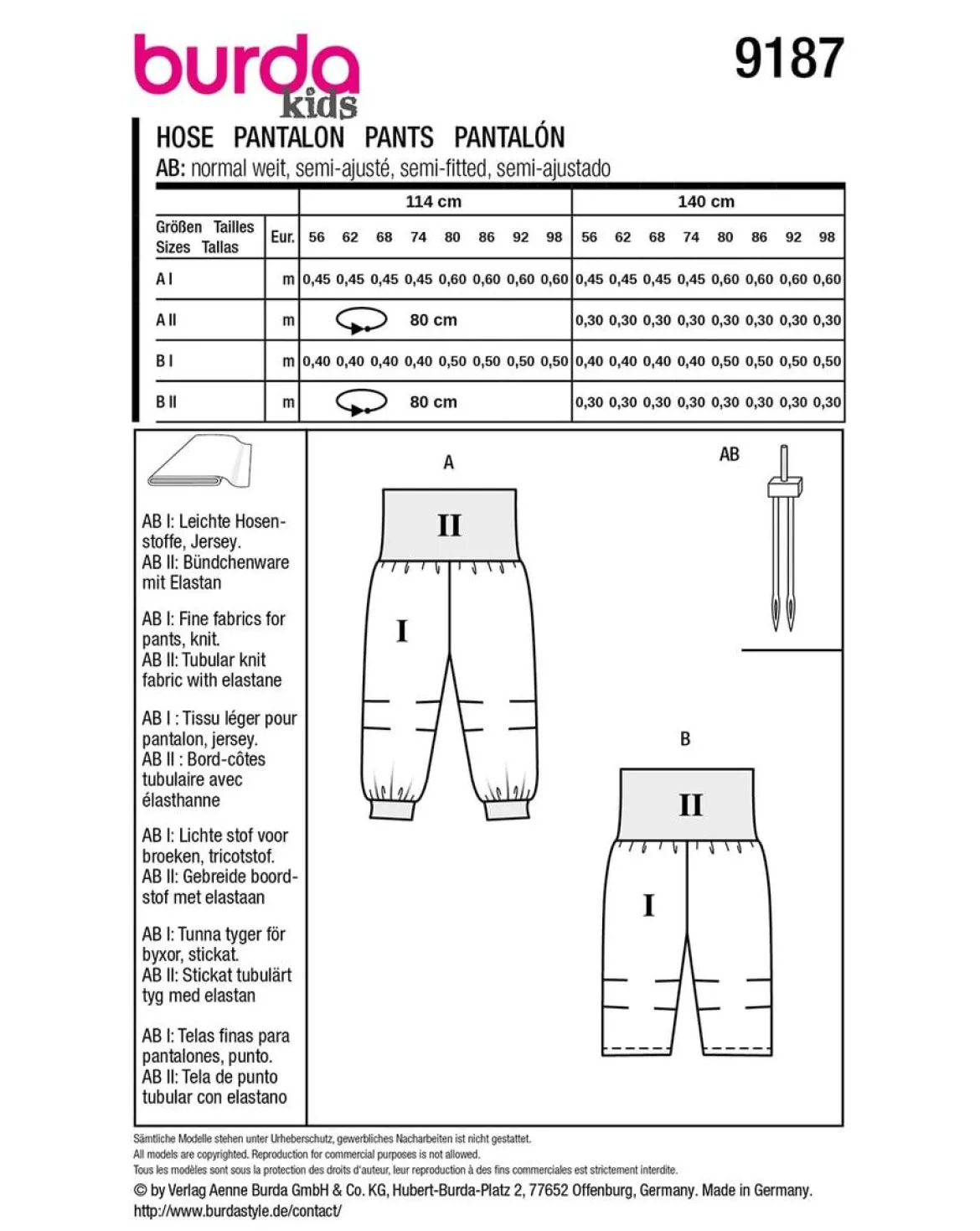 Burda Schnittmuster 9187 Kinder Hose